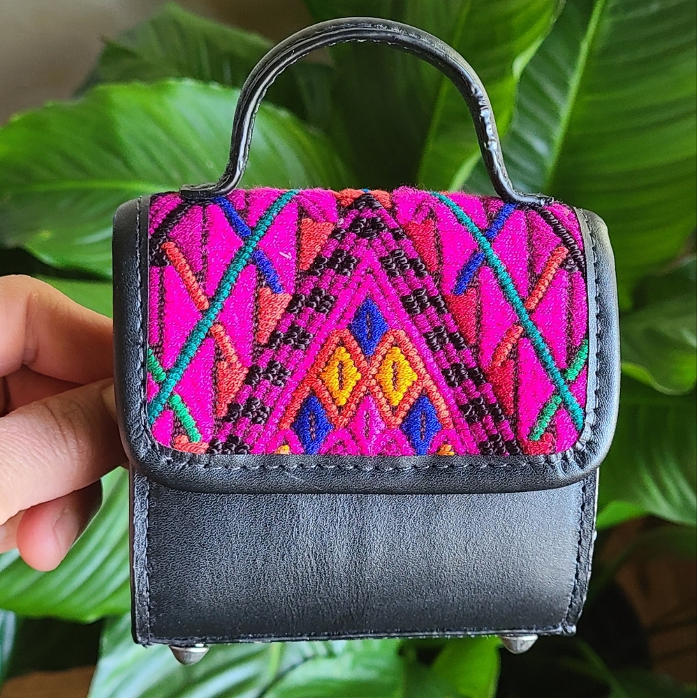 Black Leather Multicolor Geometric Mini Crossbody Bag Guatemala Mayan Huipil